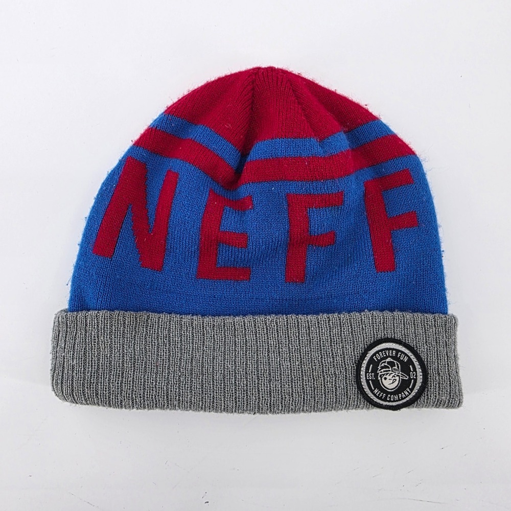 Neff‎ Company Beanie Hat Blue Red Gray Knit Cuffed Logo "Forever Fun"